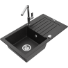 Mexen Pablo granite single-bowl sink with drainer and Flora kitchen faucet, black/silver metallic - 6510-73-670401-00
