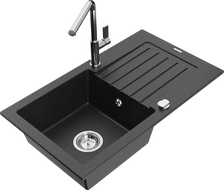 Mexen Pablo granite sink 1-bowl with drainer and Flora kitchen faucet, black/silver metallic - 6510-73-670401-00