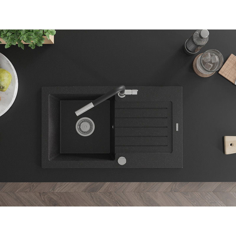 Mexen Pablo 1-bowl granite sink with drainer and Flora kitchen tap, black/silver metallic - 6510-73-670401-07