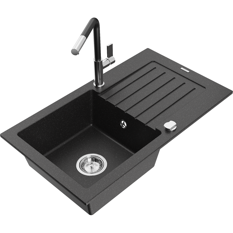 Mexen Pablo 1-compartment granite sink with a drip tray and kitchen mixer tap Flora, Black/Silver metallic - 6510-73-670401-07