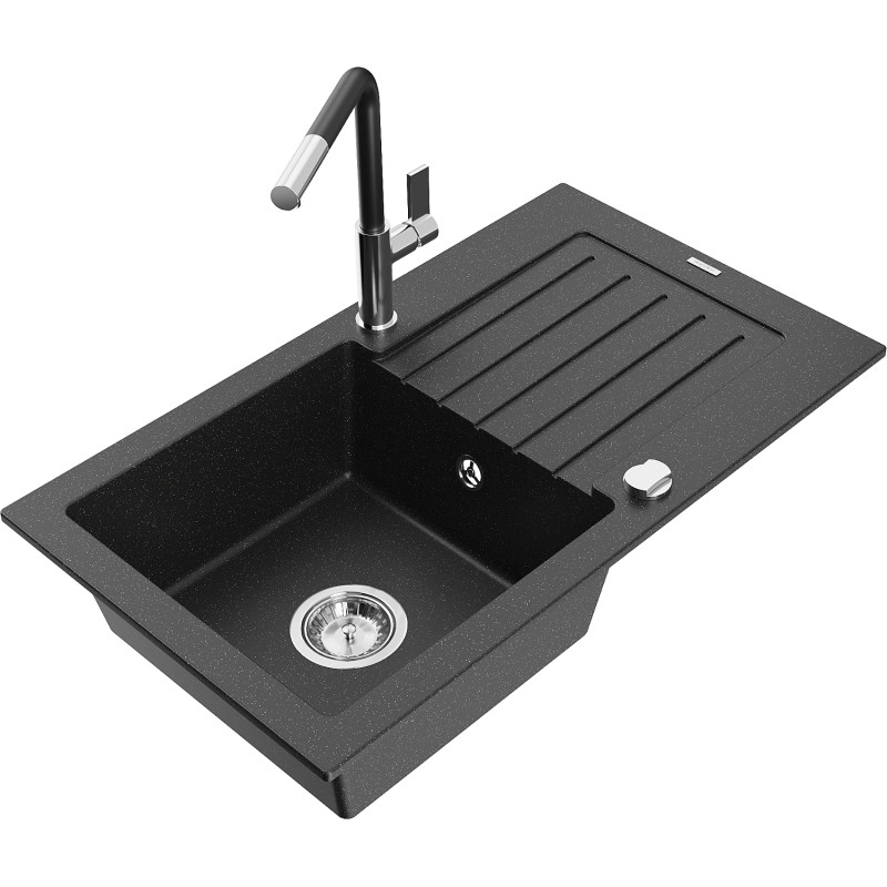 Mexen Pablo granite kitchen sink 1-bowl with drainer and Flora kitchen faucet, black/silver metallic - 6510-73-670401-07