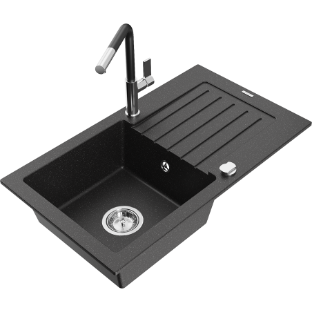Mexen Pablo 1-bowl granite sink with drainer and Flora kitchen faucet, black/silver metallic - 6510-73-670401-07