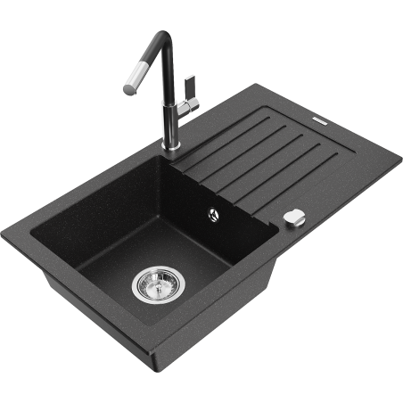 Mexen Pablo 1-bowl granite sink with drainer and Flora kitchen tap, black/silver metallic - 6510-73-670401-07