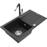 Mexen Pablo 1-bowl granite sink with drainer and Flora kitchen tap, black/silver metallic - 6510-73-670401-07