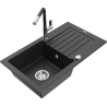 Mexen Pablo 1-compartment granite sink with a drip tray and kitchen mixer tap Flora, Black/Silver metallic - 6510-73-670401-07