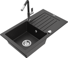 Mexen Pablo granite kitchen sink 1-bowl with drainer and Flora kitchen faucet, black/silver metallic - 6510-73-670401-07