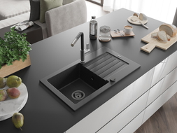 Mexen Pablo granite kitchen sink with 1-bowl, drainer, and Flora kitchen faucet, black/silver metallic - 6510-73-670401-07-B