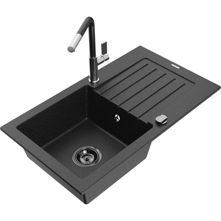 Mexen Pablo 1-bowl granite sink with drainer and Flora kitchen tap, black/silver metallic - 6510-73-670401-07-B
