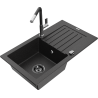 Mexen Pablo 1-bowl granite sink with drainer and Flora kitchen faucet, black/silver metallic - 6510-73-670401-07-B
