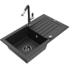 Mexen Pablo granite kitchen sink with 1-bowl, drainer, and Flora kitchen faucet, black/silver metallic - 6510-73-670401-07-B