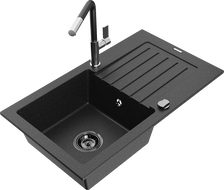 Mexen Pablo 1-bowl granite sink with drainer and Flora kitchen faucet, black/silver metallic - 6510-73-670401-07-B