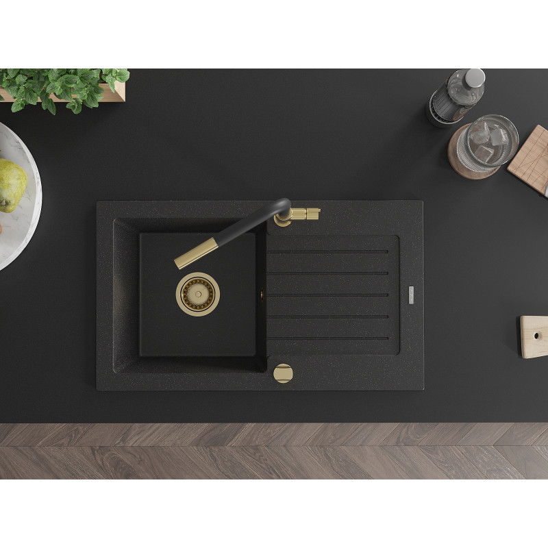 Mexen Pablo granite sink single-bowl with drainer and Flora kitchen tap, black/silver metallic - 6510-73-670401-57-G
