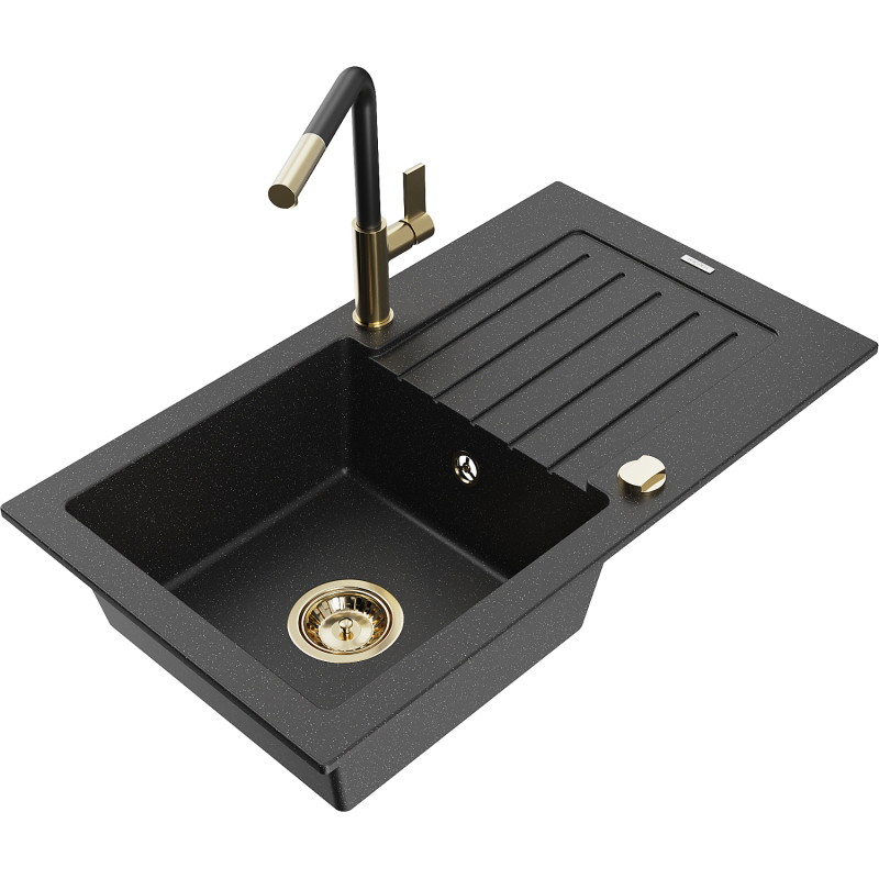 Mexen Pablo 1-bowl granite sink with drainer and Flora kitchen faucet, black/silver metallic - 6510-73-670401-57-G