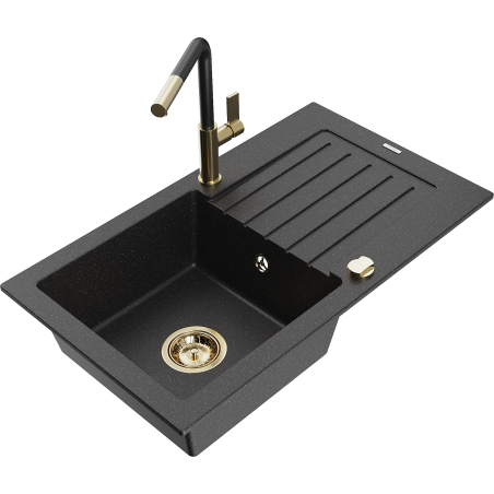 Mexen Pablo Granite Kitchen Sink 1-Bowl with Drainer and Flora Kitchen Faucet, Black/Silver Metallic - 6510-73-670401-57-G