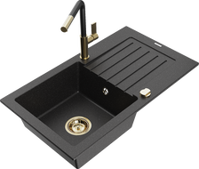 Mexen Pablo Granite Kitchen Sink 1-Bowl with Drainer and Flora Kitchen Faucet, Black/Silver Metallic - 6510-73-670401-57-G