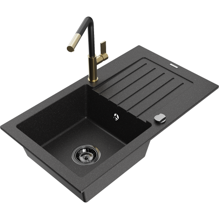 Mexen Pablo 1-bowl granite sink with drainer and Flora kitchen faucet, black/silver metallic - 6510-73-670401-57-B