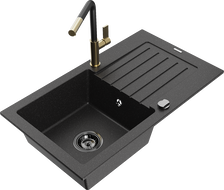 Mexen Pablo 1-bowl granite sink with drainer and Flora kitchen faucet, black/silver metallic - 6510-73-670401-57-B