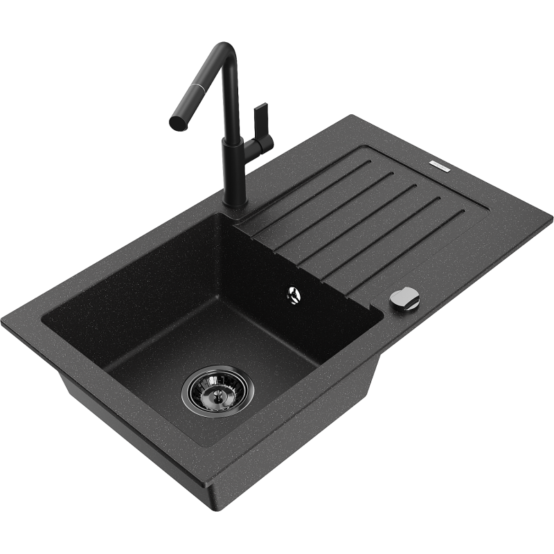 Mexen Pablo 1-compartment granite sink with a drip tray and kitchen mixer tap Flora, Black/Silver metallic - 6510-73-670401-70-B