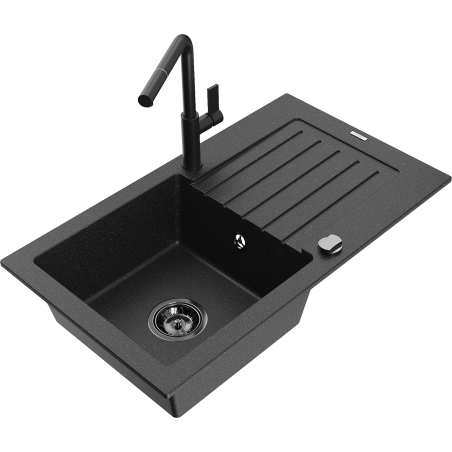 Mexen Pablo granite kitchen sink with 1 basin, drainer, and Flora kitchen faucet, black/silver metallic - 6510-73-670401-70-B