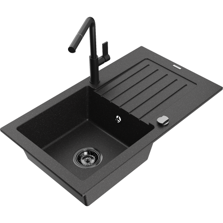 Mexen Pablo granite sink single-bowl with drainer and Flora kitchen faucet, black/silver metallic - 6510-73-670401-70-B