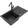 Mexen Pablo granite kitchen sink with 1 basin, drainer, and Flora kitchen faucet, black/silver metallic - 6510-73-670401-70-B
