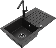 Mexen Pablo granite kitchen sink with 1 basin, drainer, and Flora kitchen faucet, black/silver metallic - 6510-73-670401-70-B