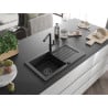 Mexen Pablo granite sink single-bowl with drainer and Flora kitchen faucet, black/silver metallic - 6510-73-670401-70-B