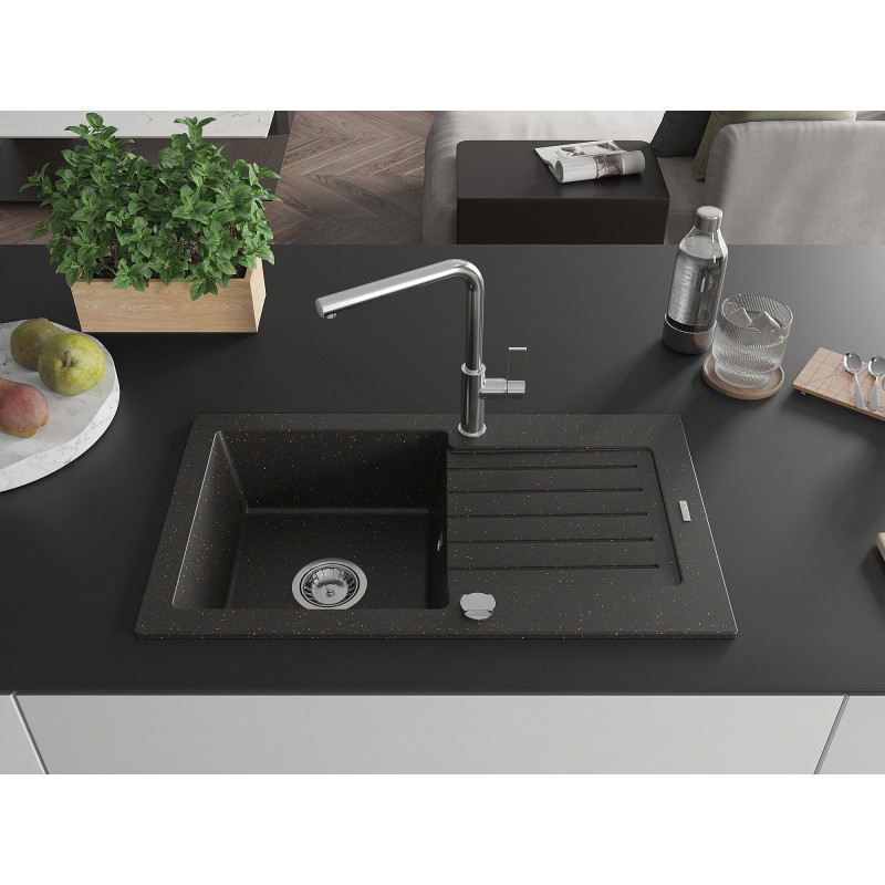 Mexen Pablo granite kitchen sink 1-bowl with drainer and Flora kitchen faucet, black/gold metallic - 6510-75-670401-00