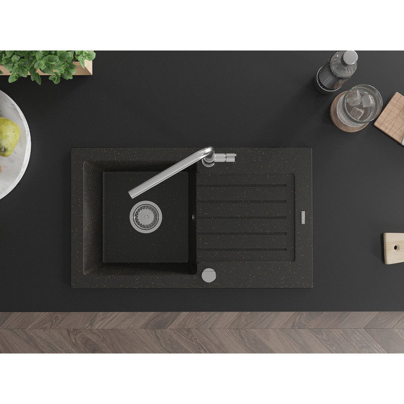 Mexen Pablo granite sink 1-bowl with drainer and Flora kitchen tap, black/gold metallic - 6510-75-670401-00