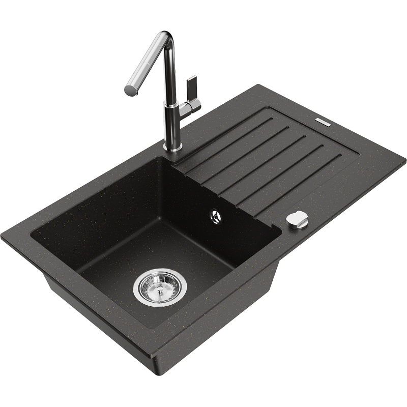 Mexen Pablo 1-compartment granite sink with a drip tray and kitchen mixer tap Flora, Black/Gold metallic - 6510-75-670401-00
