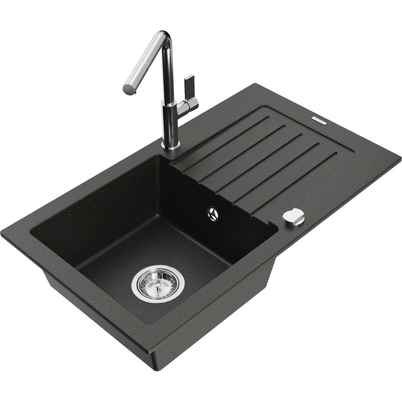 Mexen Pablo granite kitchen sink 1-bowl with drainer and Flora kitchen faucet, black/gold metallic - 6510-75-670401-00