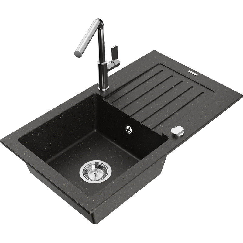 Mexen Pablo granite sink 1-bowl with drainer and Flora kitchen tap, black/gold metallic - 6510-75-670401-00