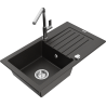 Mexen Pablo granite kitchen sink 1-bowl with drainer and Flora kitchen faucet, black/gold metallic - 6510-75-670401-00