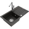 Mexen Pablo granite sink 1-bowl with drainer and kitchen faucet Flora, black/gold metallic - 6510-75-670401-00