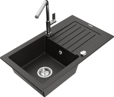 Mexen Pablo granite sink 1-bowl with drainer and Flora kitchen tap, black/gold metallic - 6510-75-670401-00