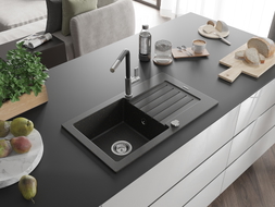 Mexen Pablo granite kitchen sink, single bowl with drainer and Flora kitchen faucet, black/golden metallic - 6510-75-670401-07