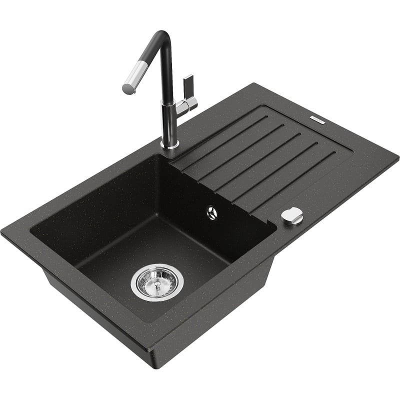 Mexen Pablo 1-bowl granite sink with drainer and Flora kitchen faucet, black/gold metallic - 6510-75-670401-07