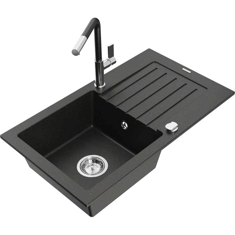 Mexen Pablo 1-compartment granite sink with a drip tray and kitchen mixer tap Flora, Black/Gold metallic - 6510-75-670401-07