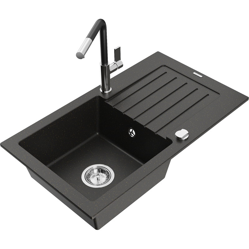 Mexen Pablo granite kitchen sink, single bowl with drainer and Flora kitchen faucet, black/golden metallic - 6510-75-670401-07