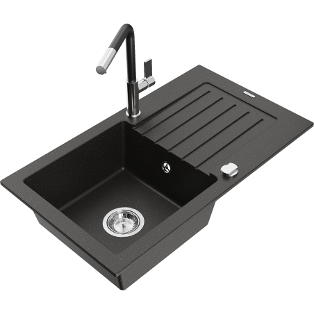 Mexen Pablo 1-bowl granite sink with drainer and Flora kitchen faucet, black/gold metallic - 6510-75-670401-07