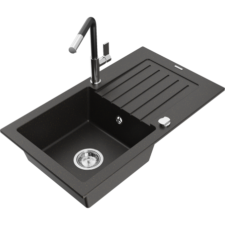 Mexen Pablo granite kitchen sink, single bowl with drainer and Flora kitchen faucet, black/golden metallic - 6510-75-670401-07