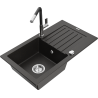 Mexen Pablo 1-bowl granite sink with drainer and Flora kitchen faucet, black/gold metallic - 6510-75-670401-07