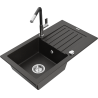 Mexen Pablo 1-compartment granite sink with a drip tray and kitchen mixer tap Flora, Black/Gold metallic - 6510-75-670401-07