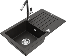 Mexen Pablo 1-bowl granite sink with drainer and Flora kitchen faucet, black/gold metallic - 6510-75-670401-07