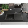 Mexen Pablo 1-bowl granite sink with drainer and Flora kitchen faucet, black/gold metallic - 6510-75-670401-07-B