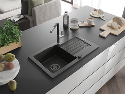 Mexen Pablo 1-compartment granite sink with a drip tray and kitchen mixer tap Flora, Black/Gold metallic - 6510-75-670401-07-B