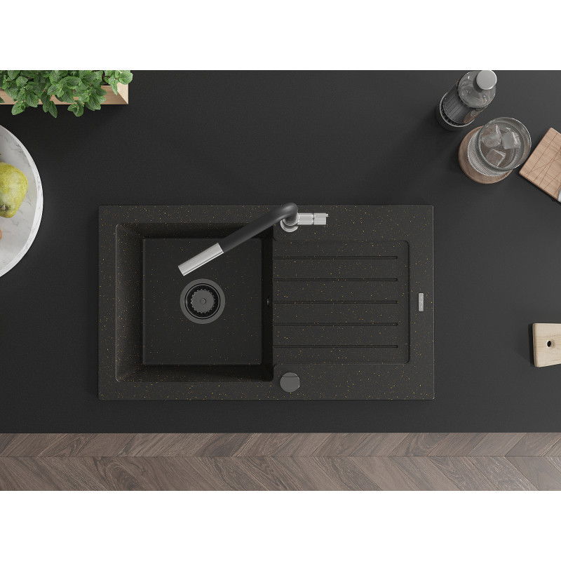 Mexen Pablo Granite Kitchen Sink 1-Bowl with Drainer and Kitchen Tap Flora, Black/Gold Metallic - 6510-75-670401-07-B