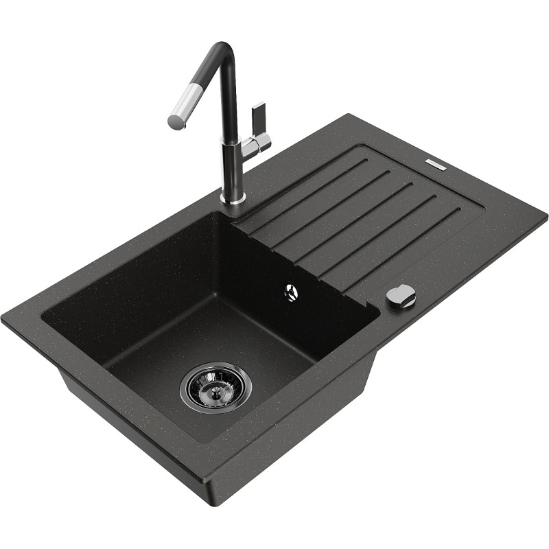 Mexen Pablo 1-bowl granite sink with drainer and Flora kitchen faucet, black/gold metallic - 6510-75-670401-07-B
