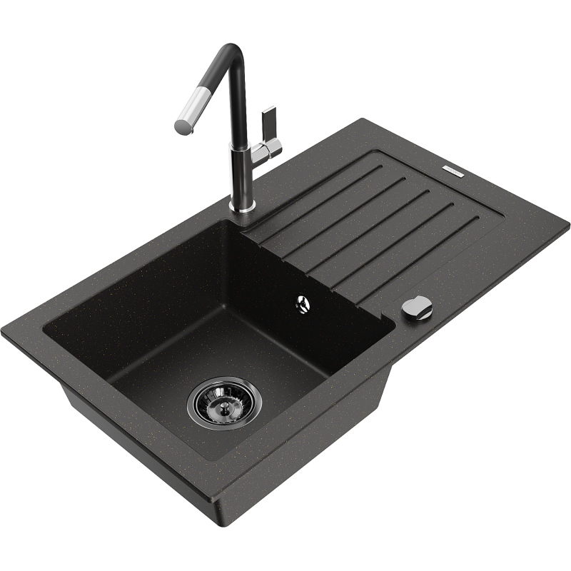 Mexen Pablo 1-compartment granite sink with a drip tray and kitchen mixer tap Flora, Black/Gold metallic - 6510-75-670401-07-B