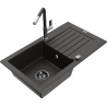 Mexen Pablo 1-bowl granite sink with drainer and Flora kitchen faucet, black/gold metallic - 6510-75-670401-07-B